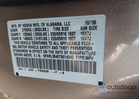 2007 Honda Odyssey Ex из США, поврежденный, VIN 5FNRL38407B014242